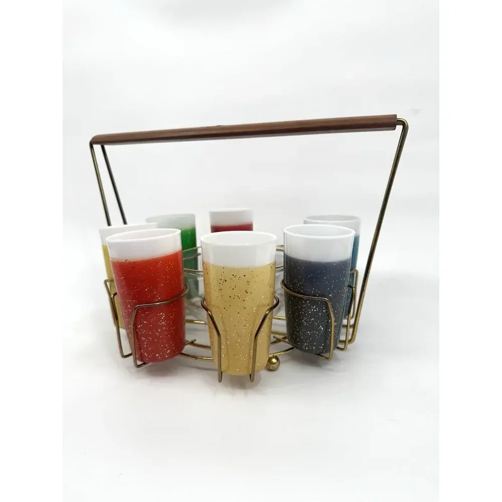 Galamite Glitter Fire King Glass 7 Tumbler Set With Caddy and Ice Bowl